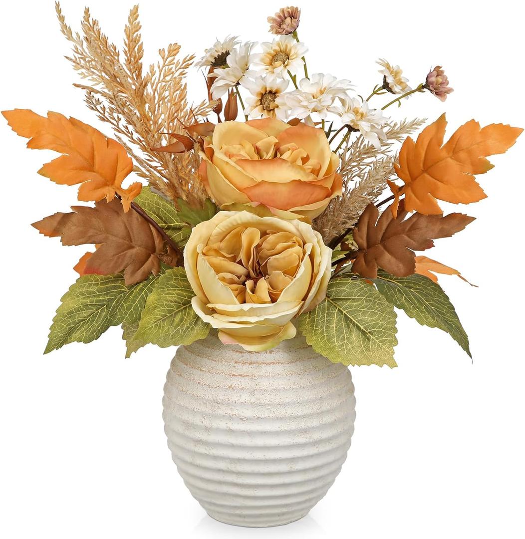 Artificial Fall Floral Centerpiece with Vase, Fake Flowers for Autumn Table Decorations, Silk Rose & Maple Leaves Arrangement, Rustic Cement Vase Harvest Decor for Dining Table, Kitchen, Living Room (Yellow)