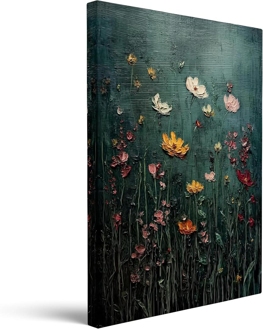BZBIUI Framed Moody Botanical Canvas Wall Decor Dark Teal Wildflower Print Vintage Farmhouse Wrapped Canvas Floral Artwork for Bedroom Living Room Bathroom Entryway Office Kitchen Den 16x24in