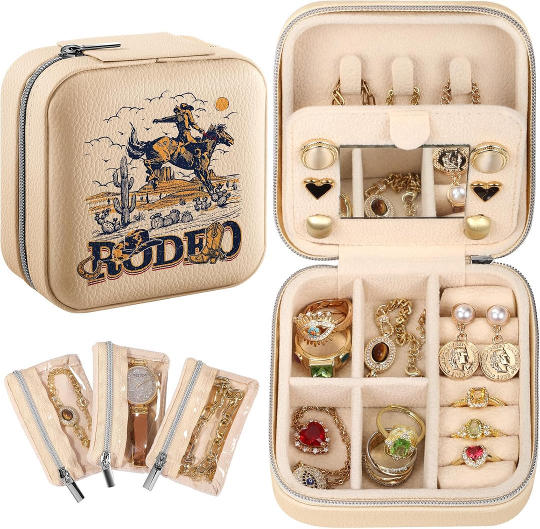 Bistup Travel Jewelry Case - Small Jewelry Organizers and Storage Box for Women Girls Teens Cute Traveling Jewelry Holder with Mirror Little Tiny Compact Modern Unique Aesthetic Pretty, Western