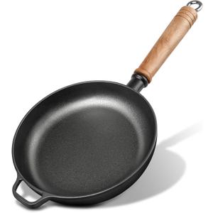 9.7" Cast Iron Skillet with Removable Wooden Handle, Pre-Seasoned Frying Pan for Stove, Oven, Grill & Campfire Cooking