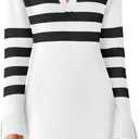 Saodimallsu Womens Striped Sweater Dress V Neck Collared Long Sleeve Slim Fit Ribbed Knit Trendy Mini Dresses (Medium, White)