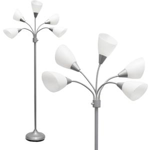 Simple Designs LF2006-SVW 67" Contemporary Multi Head Medusa 5 Light Adjustable Gooseneck Silver Floor Lamp with White Shades for Kids Bedroom Playroom Living Room Office (30 x 10 x 67)