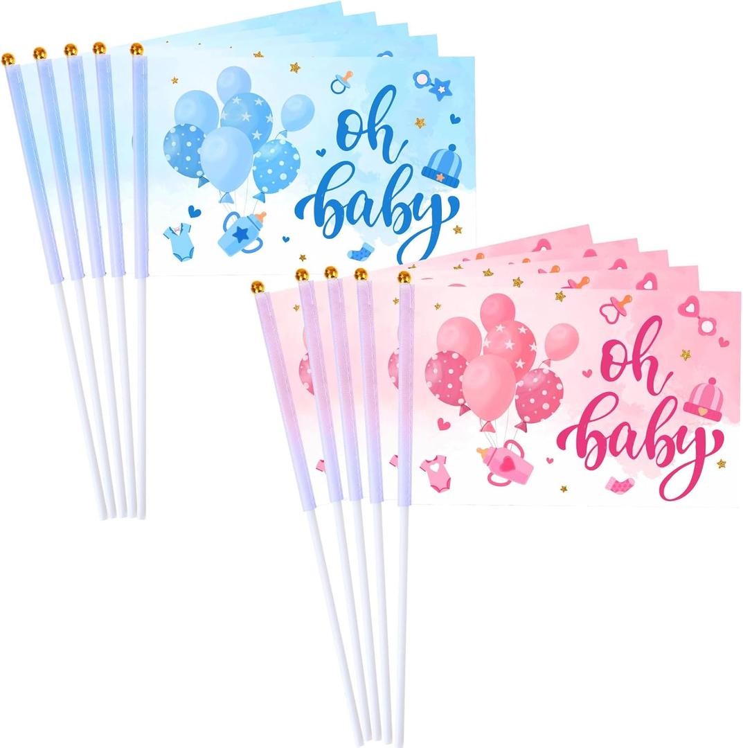 Outus 50 Pcs Gender Reveal Party Decorations Flag Boy or Girl Banners for Baby Shower Gender Reveal Banner He or She Signs Bunting Blue and Pink Mini Hand Held Stick Flag Bulk for Birthday Supplies
