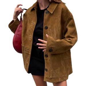 IDEALSANXUN Suede Jacket Women Fall Winter Casual Oversized Faux Leather Blazer Jackets Trench Coat Outerwear (Small, Brown)