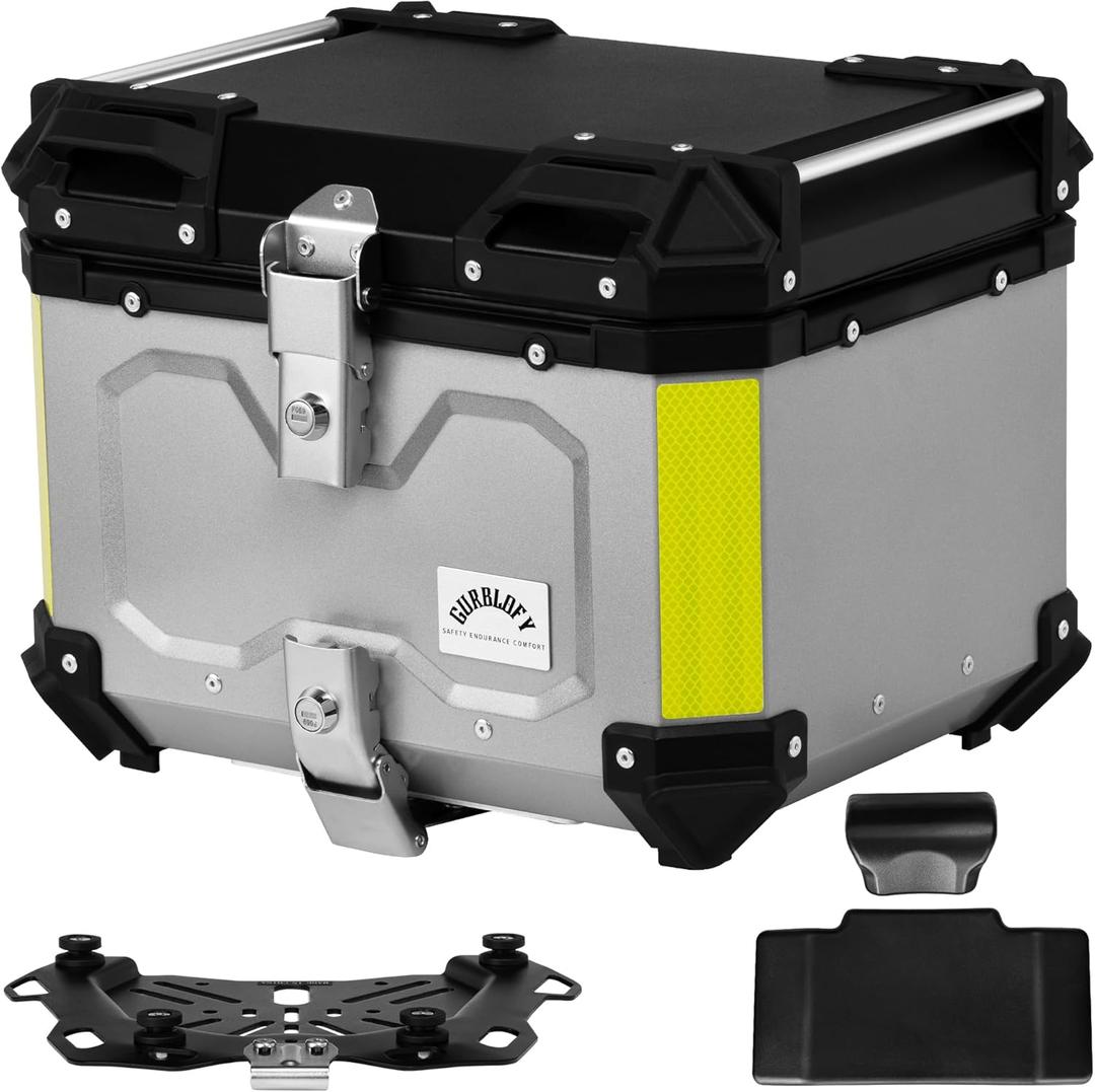 Motorcycle Top Case, 45L Motorcycle Tail Box Bag, Aluminum Top Trunk with Anti-Theft Lock System, Easy Installation with Universal Bracket, Waterproof, Rustproof and Dustproof, Silver