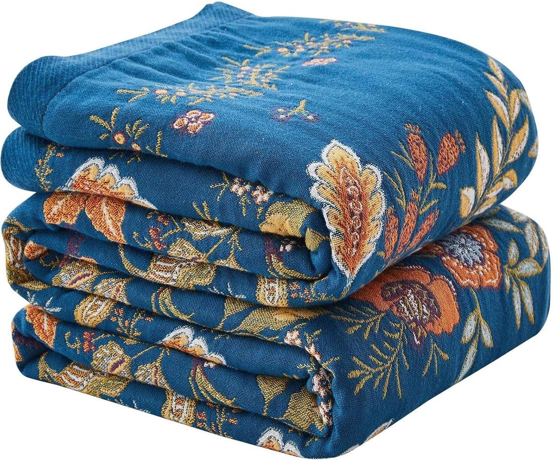 Boho Blanket Soft Muslin BohoThrow Blanket, 100% Cotton Floral Printed Farmhouse Decor All Season Reversible Rustic Throw for Sofa Couch ChairBlue, 60"x80"