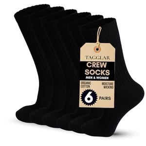 TAGGLAR Athletic Crew Socks for Men & Women – 78% Organic Cotton, Cushioned Sole with Arch Support – Moisture Wicking Gym & Everyday Wear - Black Large Socks, Size 10-13
