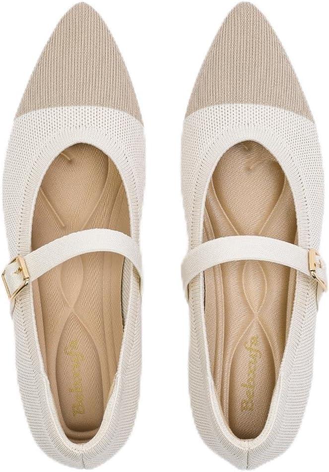 Women's Pointed Toe Knit Mary Jane Ballet Flats for Office Casual Wear Stretchy Dressy Slip-On Shoes with Arch Support