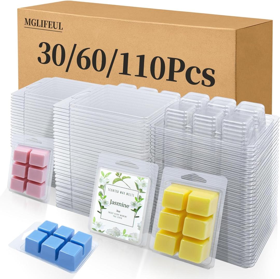 Wax Melt Container Clamshell Packaging Mold Box Stand for Plastic Clear Empty Wax Candle Melt Tart Packaging Cube Container Clamshell Mold Holder Organizer Tray Empty Shape Bulk wth Lid (30pcs, square)