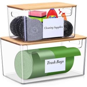 2 Pack Trash Bag Holder Dispenser,Plastic Garbage Bag Dispenser with Bamboo Top,Organization and Storage Under Sink Stackable for Kitchen,Pantry,Laundry Room,Cabinet,Grocery,Fruits,Vegetables (Clear)