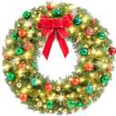 Yaheetech 30in Large Artificial Christmas Wreath, Pre-lit Holiday Accent Decoration with Red Bow, 110 LED Lights & 300 PVC Tips, Metal Structure for Door Wall & Mantel