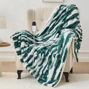 Heated Blanket Throw - 50"x60" Fast Heating Bed Electric Blankets Throw with 6 Heating Levels & 4 Hours Auto Off, Soft Ribbed Faux Fur Sherpa, Over-Heated Protection ETL, Dark Green