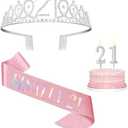 21st Birthday Decorations for Her with Pink 21st Birthday Sash and 21 Crown Silver, Candles Silver, Gifts for 21 Year Old Girls