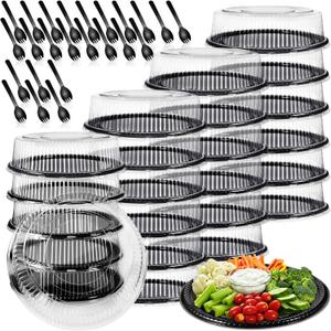 Tessco for you 24 Pack Heavy Duty Serving Tray with Clear Lid and Sporks Large Disposable Plastic Catering Tray Round Black Platter for Fruit Sandwich Party Takeout Food Picnic Supply (12 Inch)