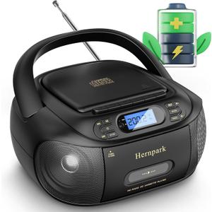 CD Cassette Player Combo, Hernpark Rechargeable Boombox with Bluetooth 5.1, Tape Recording, FM Radio, Super Bass, Stereo Sound, Aux/USB Drive, Headphones Jack, Boom Box for Indoor Outdoor
