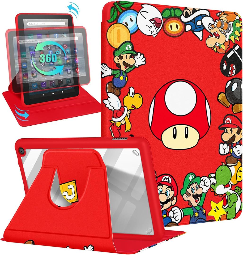 Petonis for Amazon Fire 7 Tablet Case for Women - Girly Kids Girls Cute Cartoon Kawaii 360 Rotating Folio Stand for Fire 7 Tablet,RedMogu