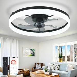 DLLT Bladeless Ceiling Fans with Lights: 24 Inch Modern Flush Mount Low Profile Ceiling Fan with APP Remote Control - Black Enclosed LED Fandelier Dimmable Quiet DC Motor for Bedroom Living Room