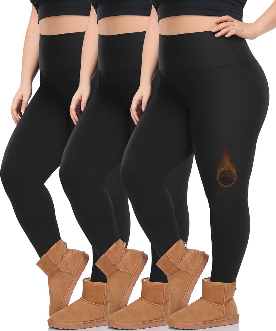 Diu Life 3 Pack Plus Size Fleece Lined Leggings for Women Stretchy 1X-4X Winter Warm Tummy Control Thermal Workout Yoga Pants (XX-Large Plus, 01 Black)