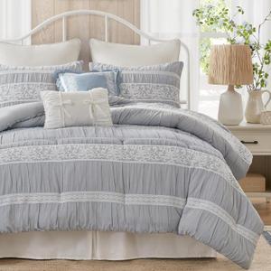 Madison Park 5-Piece Farmhouse Comforter Set with Ruching & Lace Trim, Soft Chambray Bedding, Includes Comforter and 2 Decorative Pillows, King, Blue