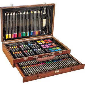 Collections Etc 140 Piece Art Set with Wooden Carrying Case