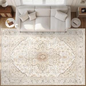 Area Rugs 9x12 Vintage Rug: Large Washable Living Room Rug Retro Medallion Distressed Soft Low Pile Non-Slip Indoor Floor Carpet for Bedroom Dining Table Office (BeigeBrown,9'x12')