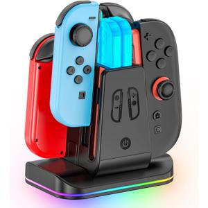 Switch 2 & 1 Controller Charger, 2-in-1 Charging Dock for Nintendo Switch 2025 / OLED/Original Joycons, Fast Charger Station with 9 RGB Modes, for Joy-Con 2/1 Accessories, with USB-C Cable