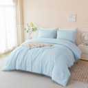 PERFEMET 5 Pieces Light Blue Queen Bed in A Bag Pom Pom Boho Bedding Set for Girls Soft Fluffy Solid Bedding Comforter Set with Sheets(Light Blue, Queen)