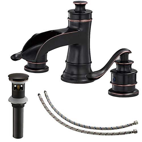 BATHLAVISH Bathroom Faucet 3 Hole Oil Rubbed Bronze for Sink Waterfall Widespread 8 Inch 2 Handle Farmhouse with Pop Up Drain with Overflow Vanity Basin Lavatory Commercial & Parts