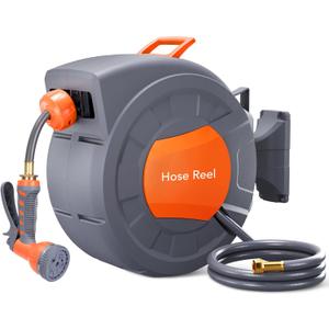 GAOMON Retractable Garden Hose Reel - 1/2 in x 100 ft, Wall Mounted, 9-Function Sprayer, Any Length Lock, 180 Swivel, Automatic Rewind & Slow Return System