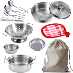 Rupnoflbui Kids Kitchen Pretend Play Toys,Mini Play Kitchen Accessories Set with Stainless Steel Pots and Pans, Cooking Utensils Cookware for Girls and Boys Aged 3 Years and up, 11Pieces