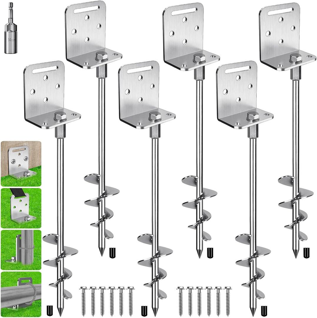 BeneLabel 2/4/6 Pack 18" 24" Ground Anchors Screw in Shed Anchor with L Bracket Trampoline Anchor Spiral Swingset Anchors for Swing Set, Mobile Home, Fence, Playset, Tent, Canopy, Carport, 2.8" Dia Tapered Spiral Blade