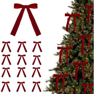 24 Pcs Velvet Bows for Christmas Tree,Velvet Christmas Tree Bows Door Garland Decor Vintage Wreath Bow,Red Bows for Christmas, Suitable for Xmas Home Decor Wedding Outdoor Indoor (Red)