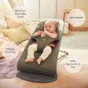 BabyBjrn Bouncer Bliss, Dark Green, Woven, Petal Quilt | 2-in-1 Adjustable Baby Bouncer Seat and Toddler Chair, Newborn to Toddler (8-29 lbs), 4 Positions, Lightweight & Portable