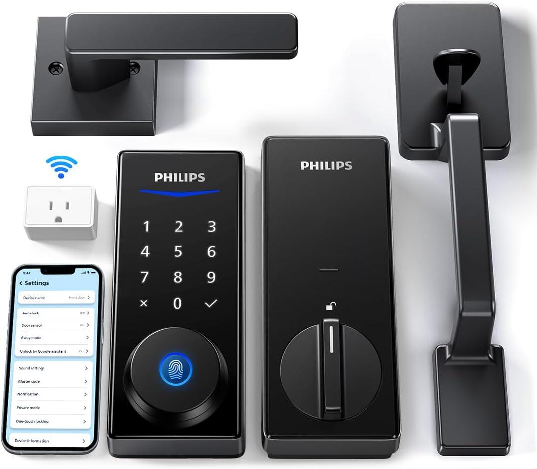 Philips Wi-Fi Smart Lock with Handle, Keyless Entry Keypad Door Lock with Handle, Front Door Deadbolt Set with WiFi Gateway, App Control, Fingerprint Unlock, PIN Code Unlock, Auto Locking (Matte Black)