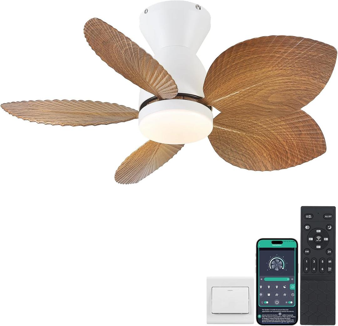 Low Profile Ceiling Fans with Lights and Remote/APP Control, 30 Inch Small Tropical Ceiling Fan with Light Flush Mount, Outdoor Palm Leaf Ceiling Fans for Patios Porch, Quiet, Wood Grain