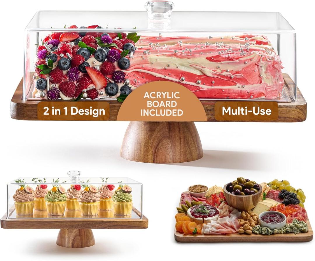 Acacia Wood Cake Stand with Lid - Rectangular Cake Holder, 2-in-1 Dessert Table Display Set & Charcuterie Board for Cheese, Chips, Fruit Platter, Large Acrylic Cake Dome Cover, No Glass