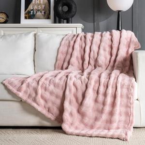 Pink Faux Fur Throw Blanket for Couch, Soft Fluffy Bubble Blanket for Bed Sofa, Thick Warm Plush Fuzzy Rabbit Fur Blanket for Cute Home Decor, 50"X 60"