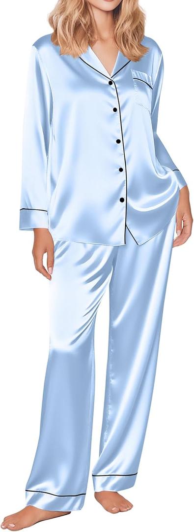 Ekouaer Silk Satin Pajama Set for Womens Button Up Long Sleeve Pjs Sleepwear Soft 2 Piece Loungewear S (Light Blue)