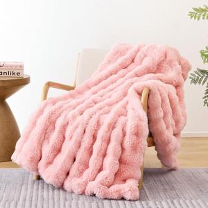 Smoofy Faux Fur Throw Blanket for Couch  Blush Pink Fluffy Cozy Rabbit Fleece, Plush Soft Bubble Blanket for Sofa & Bed, for Mom, Warm Fuzzy Home Room Decor Throw 50" x 60"