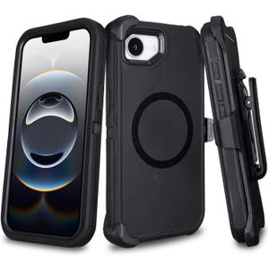 for iPhone 16e Case with Belt Clip Holster, Compatible with MagSafe, 3-Layer Shockproof Anti-Drop Full Body Protective Case, Heavy Duty Rugged Defender Cover for iPhone 16e, Black