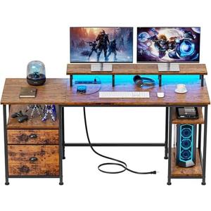 Furologee 61" Computer Desk with Power Outlet and LED Lights, Desk with Fabric File Cabinet Drawer, Large Reversible Table with Shelves and Monitor Stand, Writing Study Table for Home Office