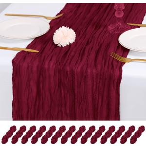 14 Pack Burgundy Cheesecloth Table Runner 17x108 Inch Semi Sheer Boho Gauze Cheese Cloth Fabric Table Runners, for Wedding Party Baby Shower Birthday Home Decor Garden Farmhouse