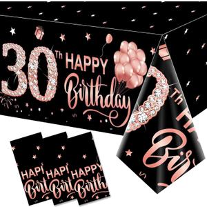 3 Pack Rose Gold Happy Thirty Table Cover - 30th Birthday Party Supplies, Plastic Disposable Rectangular Table Cloth Decor