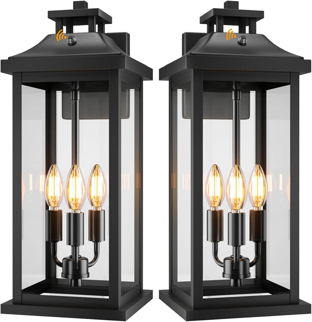 VenzBlomia 20" Large Dusk to Dawn Outdoor Lights 3-Light, 2 Pack Black Modern Exterior Lighting Fixtures Photocell Sensor Outside Porch Lights Wall Mount, Waterproof Patio Exterior Sconce Lamps E12
