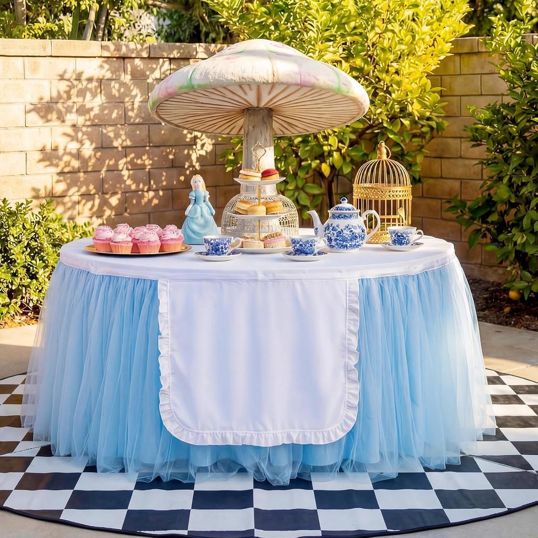 Chumia Wonderland Party Tulle Table Skirt 6 ft Wonderland Tea Tables Skirt Blue Mesh Tablecloth with White Apron for Tea Birthday Baby Shower Wedding Party Decoration