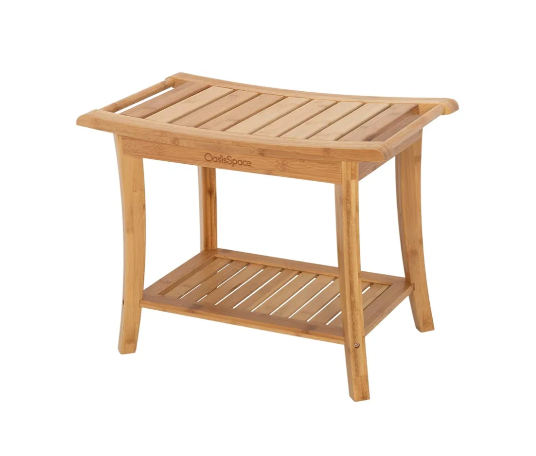 OasisSpace Bamboo Shower Bench, 24" Waterproof Shower Chair with Storage Shelf, Wood Spa Bath Organizer Seat Stool, Perfect for Indoor or Outdoor