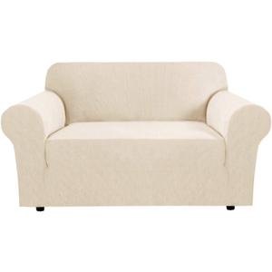 H.VERSAILTEX Stretch Couch Cover Loveseat Covers for 2 Cushion Couch Sofa Cover for Love seat 1 Piece with Elastic Bottom, Textured Checked Jacquard Fabric(Loveseat 58"-70" Wide, Natural)