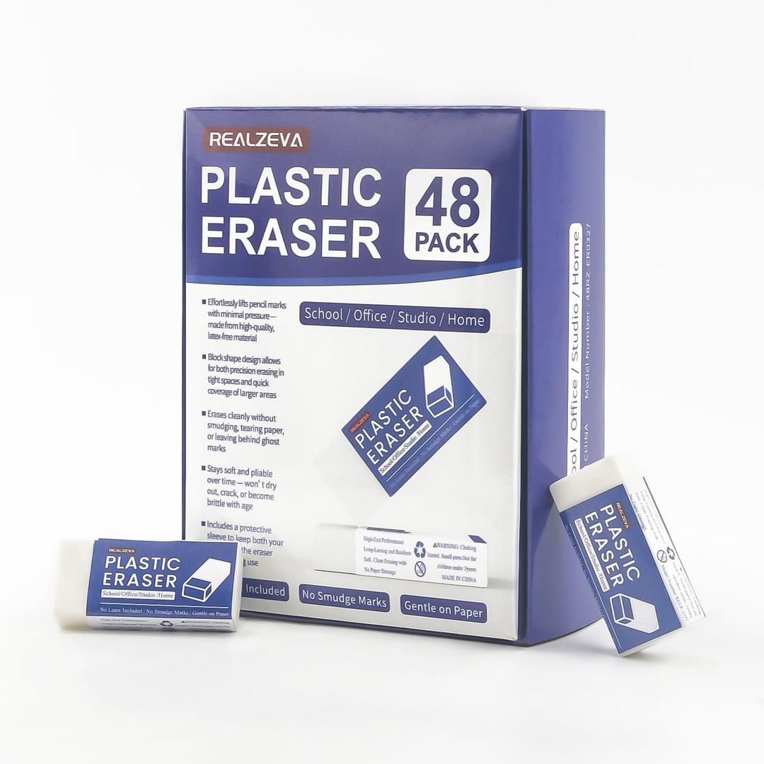 White Vinyl Erasers for Pencils, White Plastic Eraser, 48-Pack Bulk Pencil Erasers for Classroom & School, Kids Classroom Must Haves & Back to School Supplies Eraser.