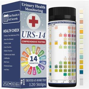 URS Urine Reagent Test Strip for 14 Parameters Urinalysis - Self Testing at Home in 60 Seconds for Men and Women PH, SG, Prot, KET, BLO, BIL, CRE, Kidney, Liver, UTI, Keto Diet, Ketosis, and +7 More