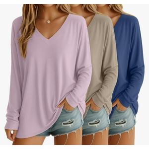 3 Pack Womens Oversized T Shirts Long Sleeve V Neck Cotton Basic Tops Loose Fit Workout Tees Fall Outfits XL